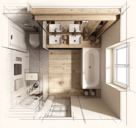 Badezimmer-Layout mit zwei Waschbecken, Badewanne und Fenster, skizzenhaft dargestellt.