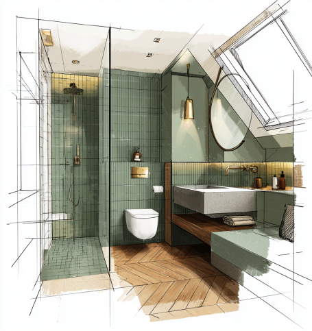 Moderne Badezimmergestaltung mit Dusche, WC und Waschtisch in sanften Grüntönen.