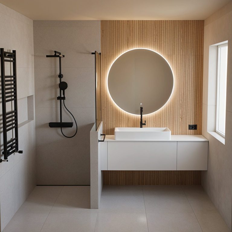 Modern Badezimmer mit runder Spiegelleuchte, minimalistischem Waschtisch und Dusche.